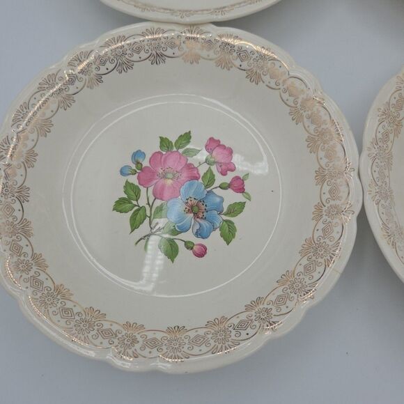 French Saxon China 22k Blossomtime 7.5 Inch Diameter Gold Bowls Set Of 4 Set 2 - Picture 2 of 10